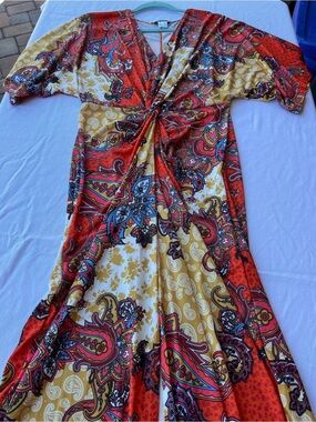 VENUS Knot-Front Maxi Dress in Red & Yellow Paisley